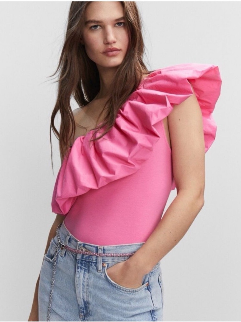 Mango One-Shoulder Pink Ruffle Bodysuit